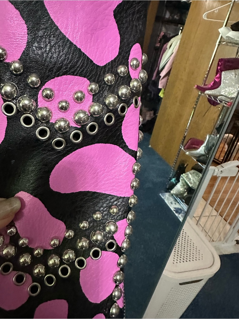 Azela Wang Studded Pink & Black Leather Motorcycle Jacket - Women S - Picture 7 of 13